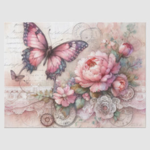 Papel De Seda Elegante Floral Rosa & Renda Decoupage Vintage