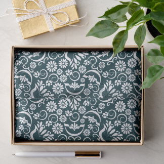 Papel De Seda Elegante Floral Vintage em Azul Naval Branco com E