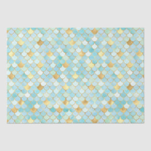 Papel De Seda Elegante Folha Ombre Aqua e Escamas de Sereia Dour
