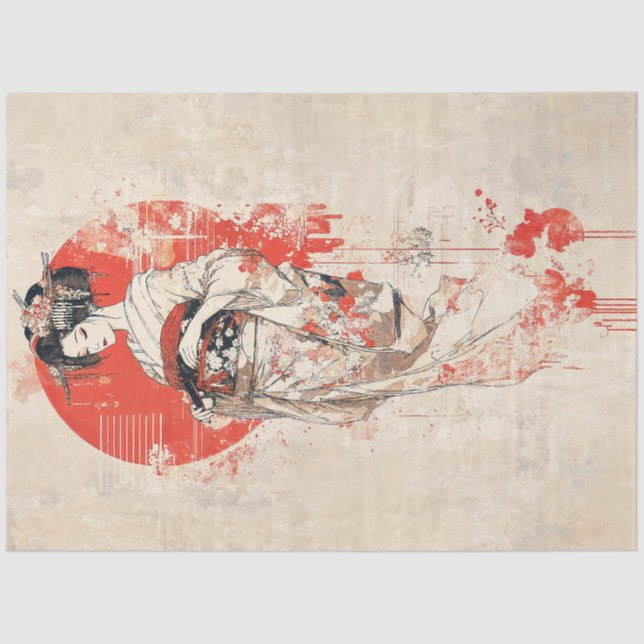 Papel De Seda Elegante Geisha no Sol Vermelho - Arte Japonesa Vi (Frente )