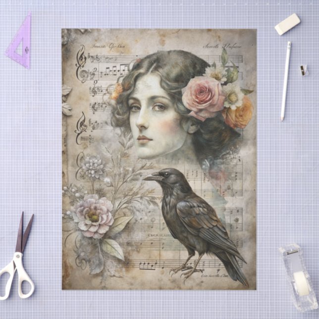 Papel De Seda Elegante Girly Victorian Ephemera Florals & Raven (Arte )