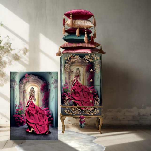 Papel De Seda Elegante mascarada, sonhadora, pintura floral (Viva Magenta, Mystery Woman, Floral Archway, Elegant Dress, Vibrant Portrait Art, Decoupage Paper)