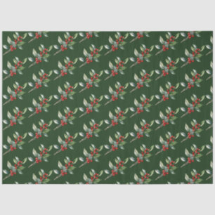 Papel De Seda Elegante Natal Aquarela Verde Botânico Vermelho