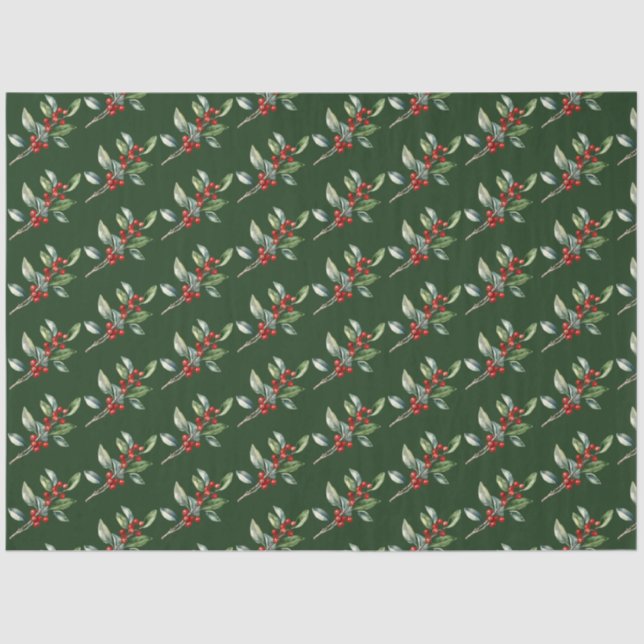 Papel De Seda Elegante Natal Aquarela Verde Botânico Vermelho (Frente )