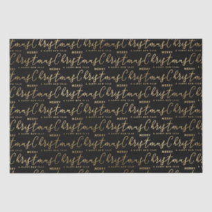 Papel De Seda Elegante Natal Feliz com Letra Preta e Dourada