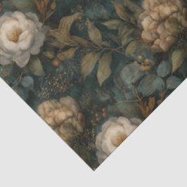 Papel De Seda Elegante Natal Verde Escuro e Floral Branco