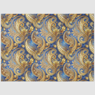 Papel De Seda Elegante Paisley Dourado e Azul Real