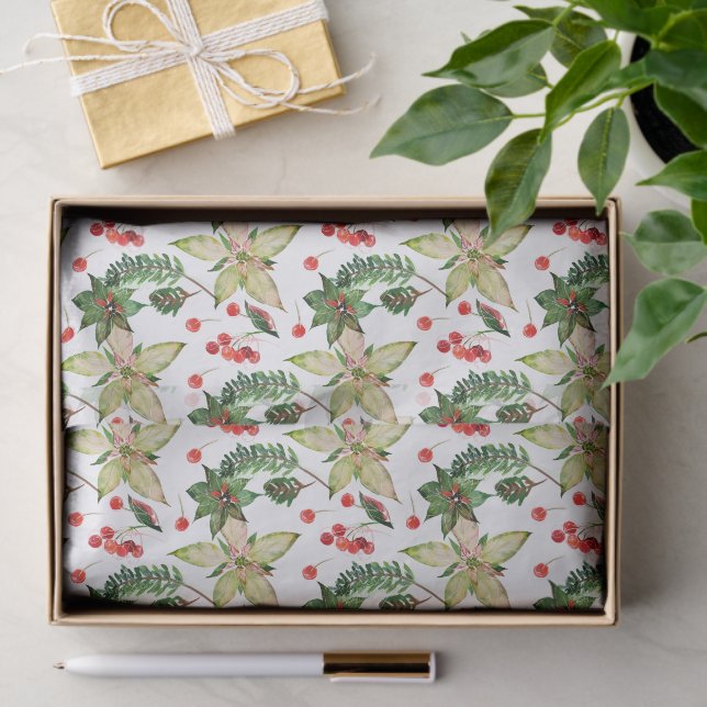 Papel De Seda Elegante Poinsettia e Berries (Presente)