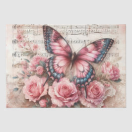 Papel De Seda Elegante Rosa Distressed Floral Borboleta Vintage 