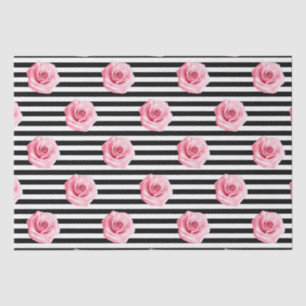Papel De Seda Elegante Shabby Chic Rosas Cor-de-Rosa e Listras