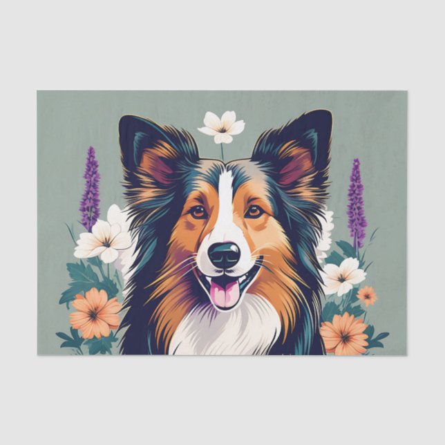 Papel De Seda Elegante Shetland Sheepdog com Floral (Frente )