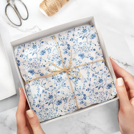 Papel De Seda Elegante Toile Botânica Floral Azul e Branco