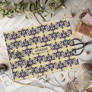 Papel De Seda Elegante vintage damask marinho Monograma amarelo