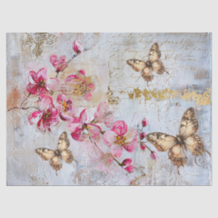 Papel De Seda Elegantes Florais Rosa Borboletas Decoupage Vintag