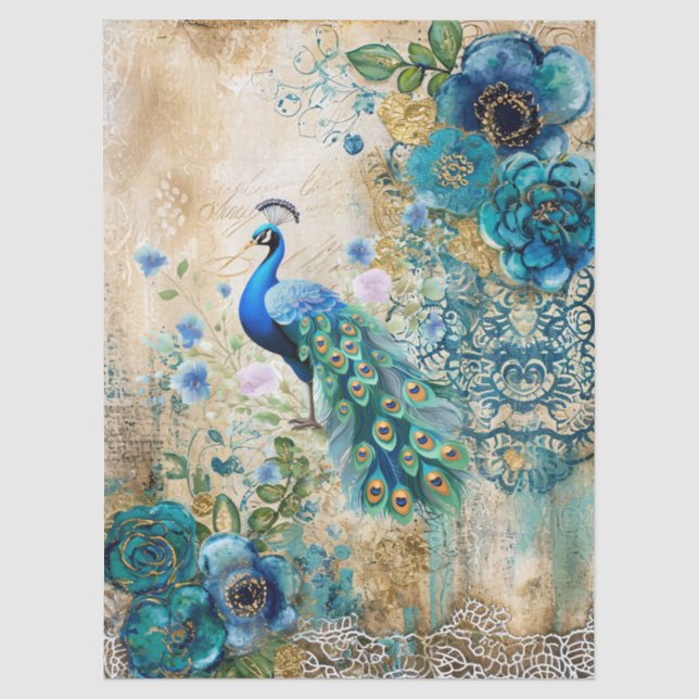 Papel De Seda Elegantes Flores Azuis Teal em Distress e Pavão (Frente )