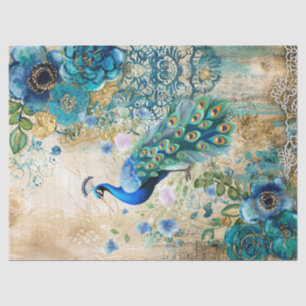 Papel De Seda Elegantes Flores Azuis Teal em Distress e Pavão