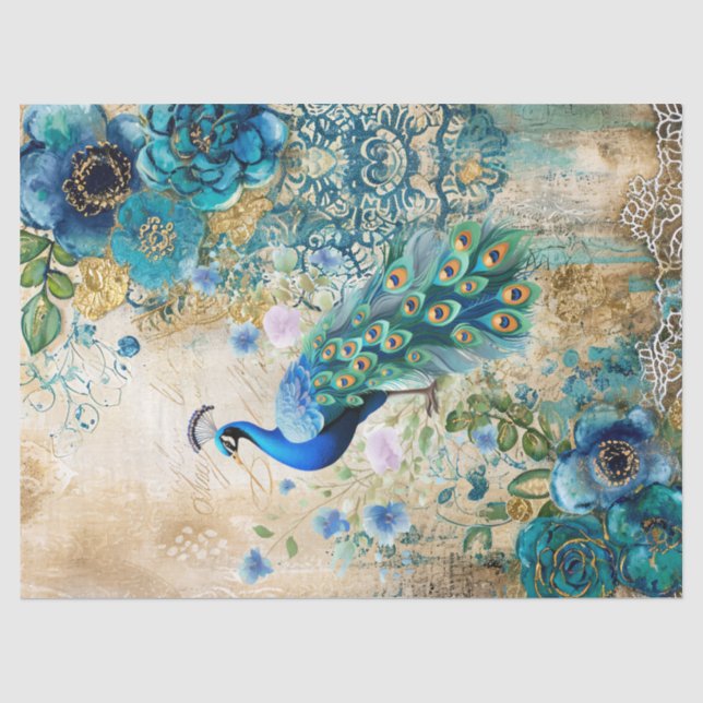 Papel De Seda Elegantes Flores Azuis Teal em Distress e Pavão (Frente )