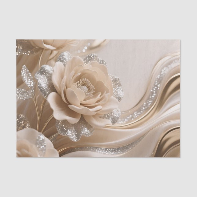 Papel De Seda Elegantes Ondas Florais Bege com Brilho (Frente )