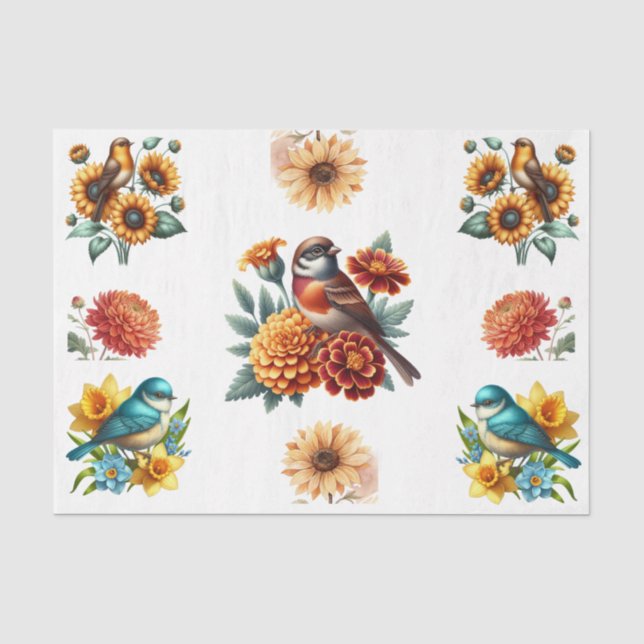 Papel De Seda Elementos de Flores e Pássaros de Primavera em Aqu (Frente )