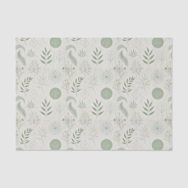 Papel De Seda Elementos Herbais em Verde Sálvia (Frente )