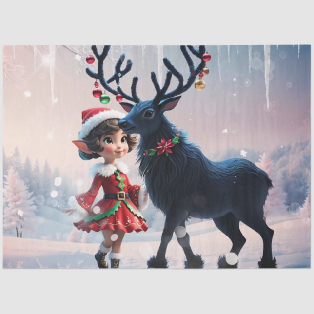 Papel De Seda Elfo de Natal bonito e renas escuras. (Frente )