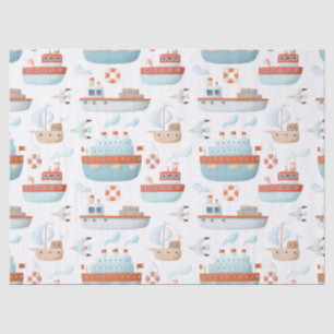 Papel De Seda Embarcações de desenho animado e aves na página