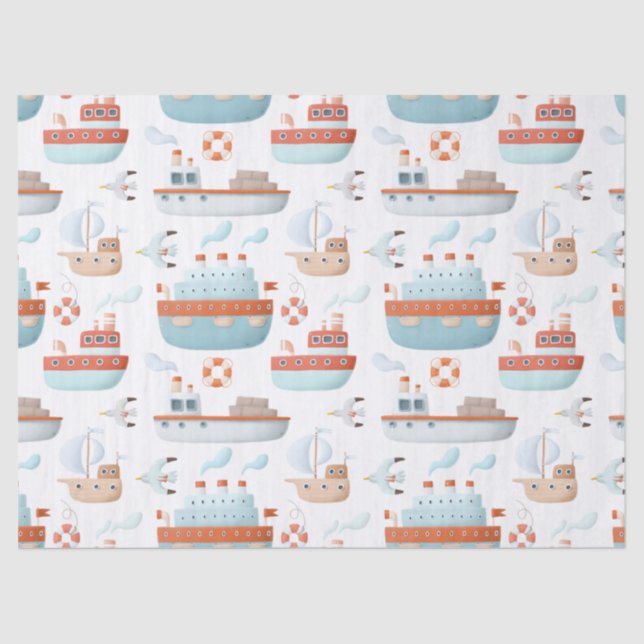 Papel De Seda Embarcações de desenho animado e aves na página de (Frente )