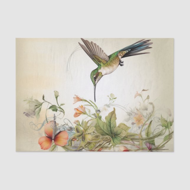 Papel De Seda Emerald Hummingbird Spray of Orange Red Flowers (Frente )