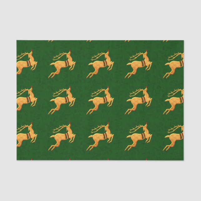 Papel De Seda Encerre-o em verde e Ouro Reindeer (Frente )