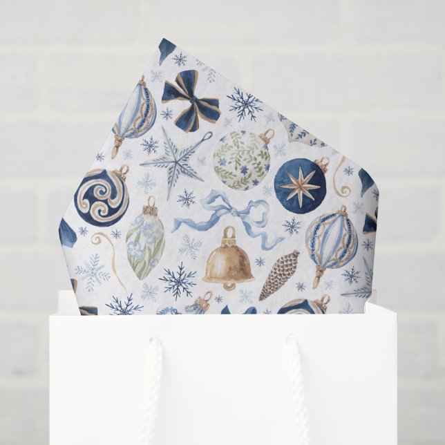 Papel De Seda Enfeites de Natal em Azul Aquarela (Sacola de presentes)