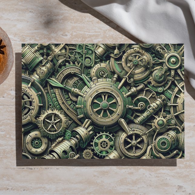 Papel De Seda Engrenagens Industriais Verde de Relógio Steampunk (Criador carregado)