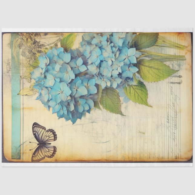 Papel De Seda Epemera de manuscrito antigo hydrangea azul (Frente )