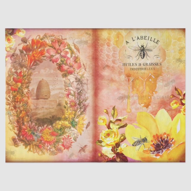 Papel De Seda Ephemera de abelha e flor (Frente )