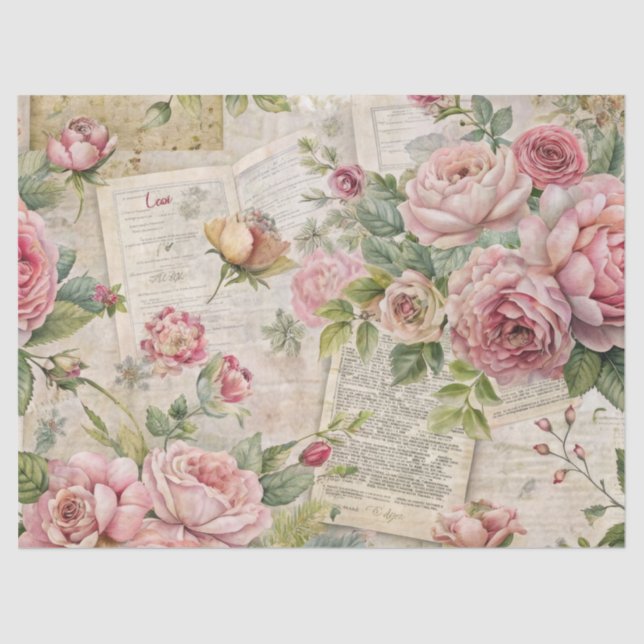 Papel De Seda Ephemera Elegante Floral Rosa Inscrita (Frente )
