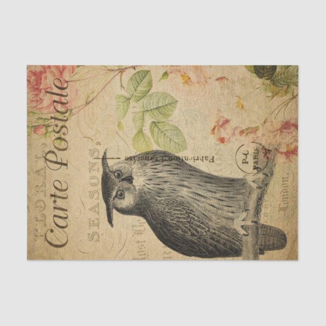 Papel De Seda Ephemera French Postcard Owl Pink Roses Decoupage (Frente )