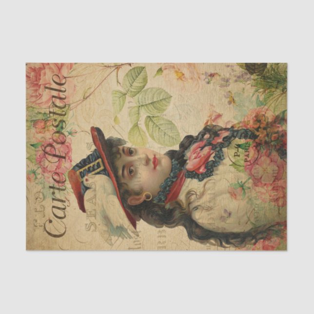 Papel De Seda Ephemera French Postcard Women Floral Decoupage (Frente )