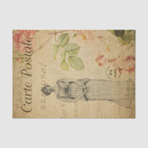 Papel De Seda Ephemera French Woman Pink Roses Decoupage Floral
