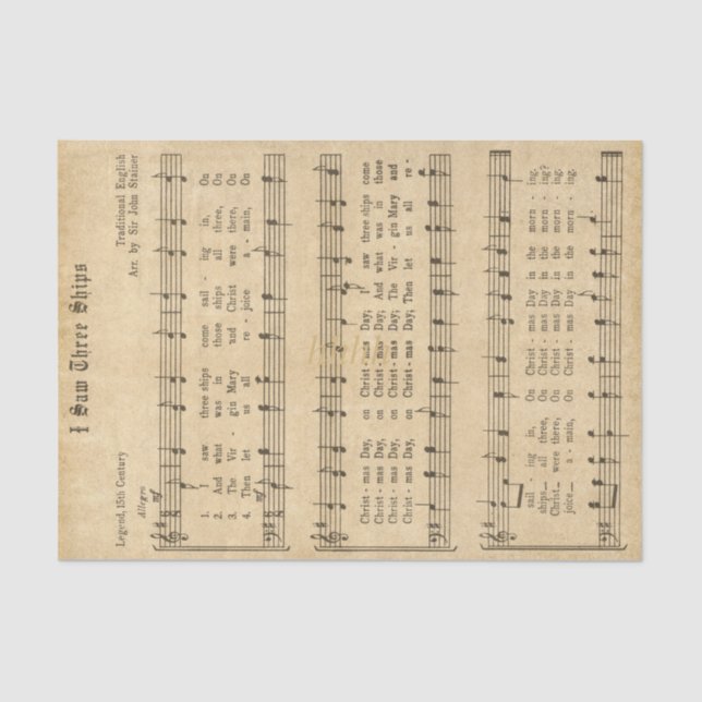 Papel De Seda Ephemera " Vi Três Navios" Carol de Natal (Frente )