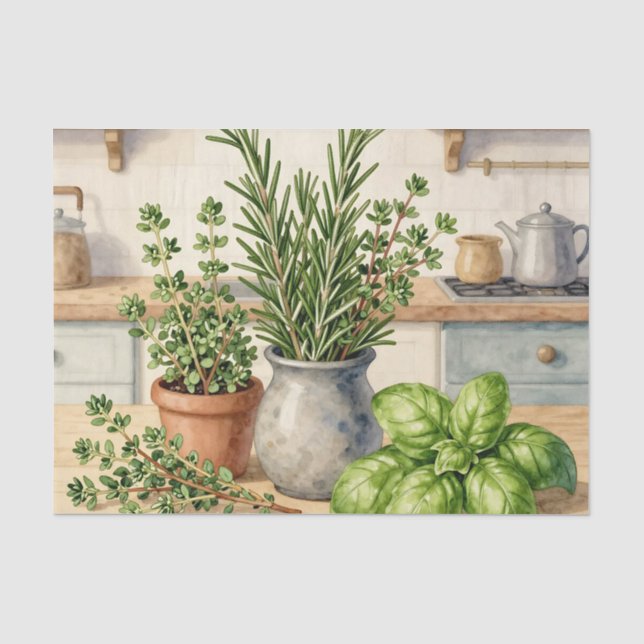 Papel De Seda Ervas Frescas da Cozinha Aquarela  (Frente )