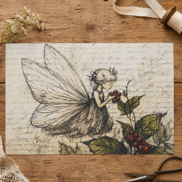 Papel De Seda Esboço de Fada Vintage com Azevinho e Frutas