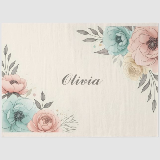 Papel De Seda Esboço de Flores Delicadas em Aquarela (Frente )
