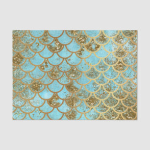 Papel De Seda Escalas de peixes Dourados azuis iridescentes da