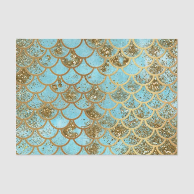 Papel De Seda Escalas de peixes Dourados azuis iridescentes da (Frente )