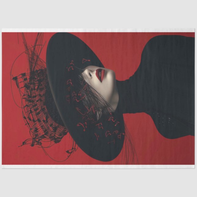 Papel De Seda Escarlate Lady in Black Music Notes Decoupage (Frente )