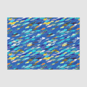 Papel De Seda Escola de peixes, azul escuro, branco, turquesa