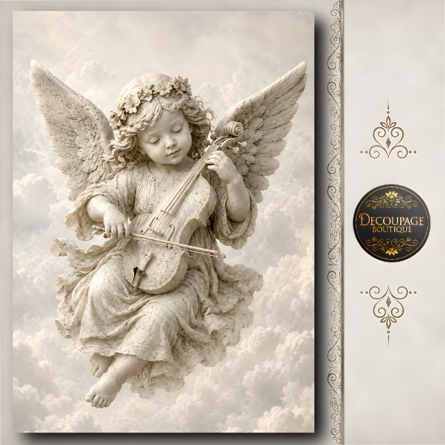 Papel De Seda Escultura de Anjo de Pedra 3D Tocando Violino (3D Stone Angel Playing Violin Sculpture Tissue Paper)