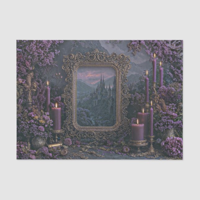 Papel De Seda Espelho Dourado Ornamentado com Vela Roxa Castelo  (Frente )