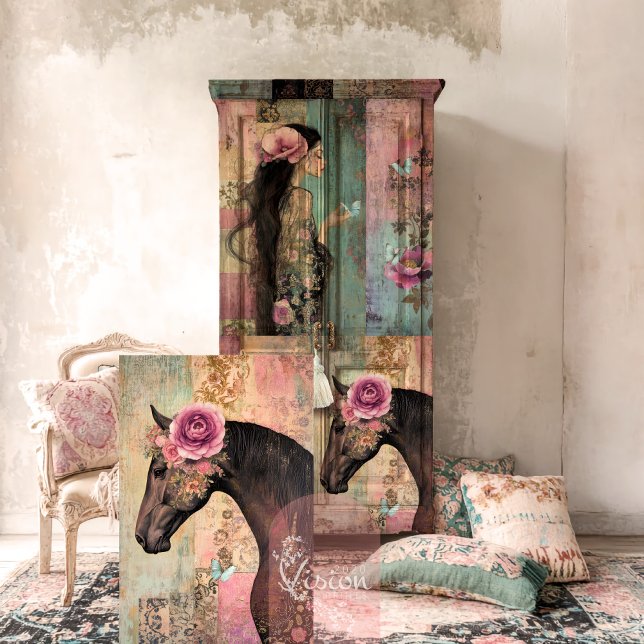 Papel De Seda Espírito Livre, Cavalo Caprichoso e Patchwork Vint (Pink & Green, Whimsical Horse, Vintage Patchwork and Floral Decoupage Tissue Paper)