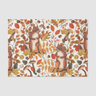 Papel De Seda Esquilos de outono e flora autóctone em branco