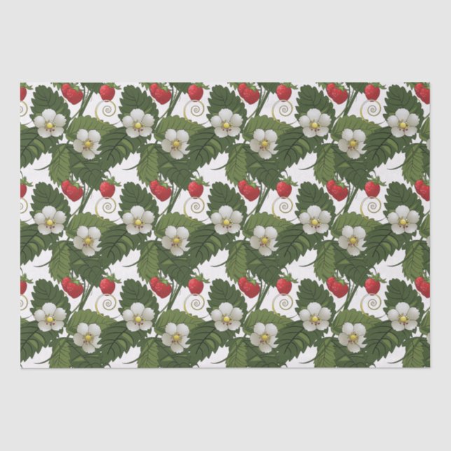 Papel De Seda Estampa Floral de Morango Flor Branca Folha Verde (Frente )